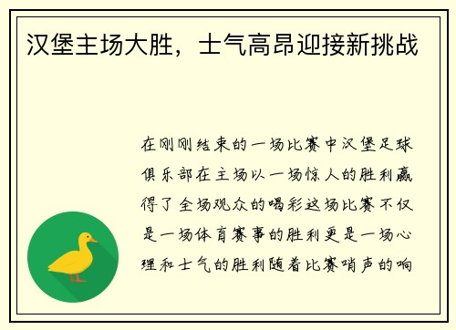 汉堡主场大胜，士气高昂迎接新挑战